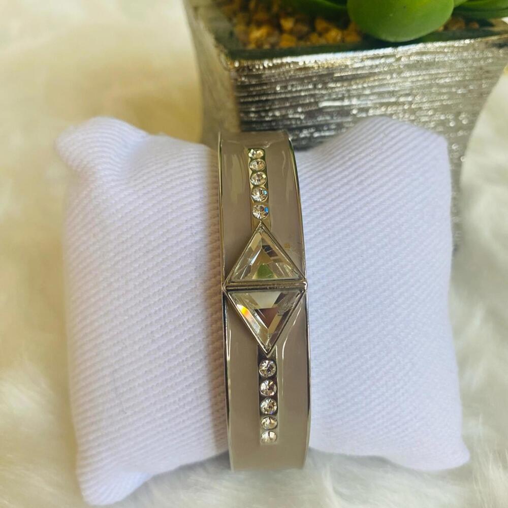Silver Tone Bangle Bracelet with Clear Crystal Accents - Picture 4 of 4
